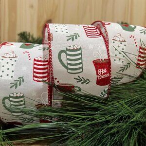 Hot Cocoa White Sage Brown 2.5 in Christmas Ribbon Holiday Craft Supplies
